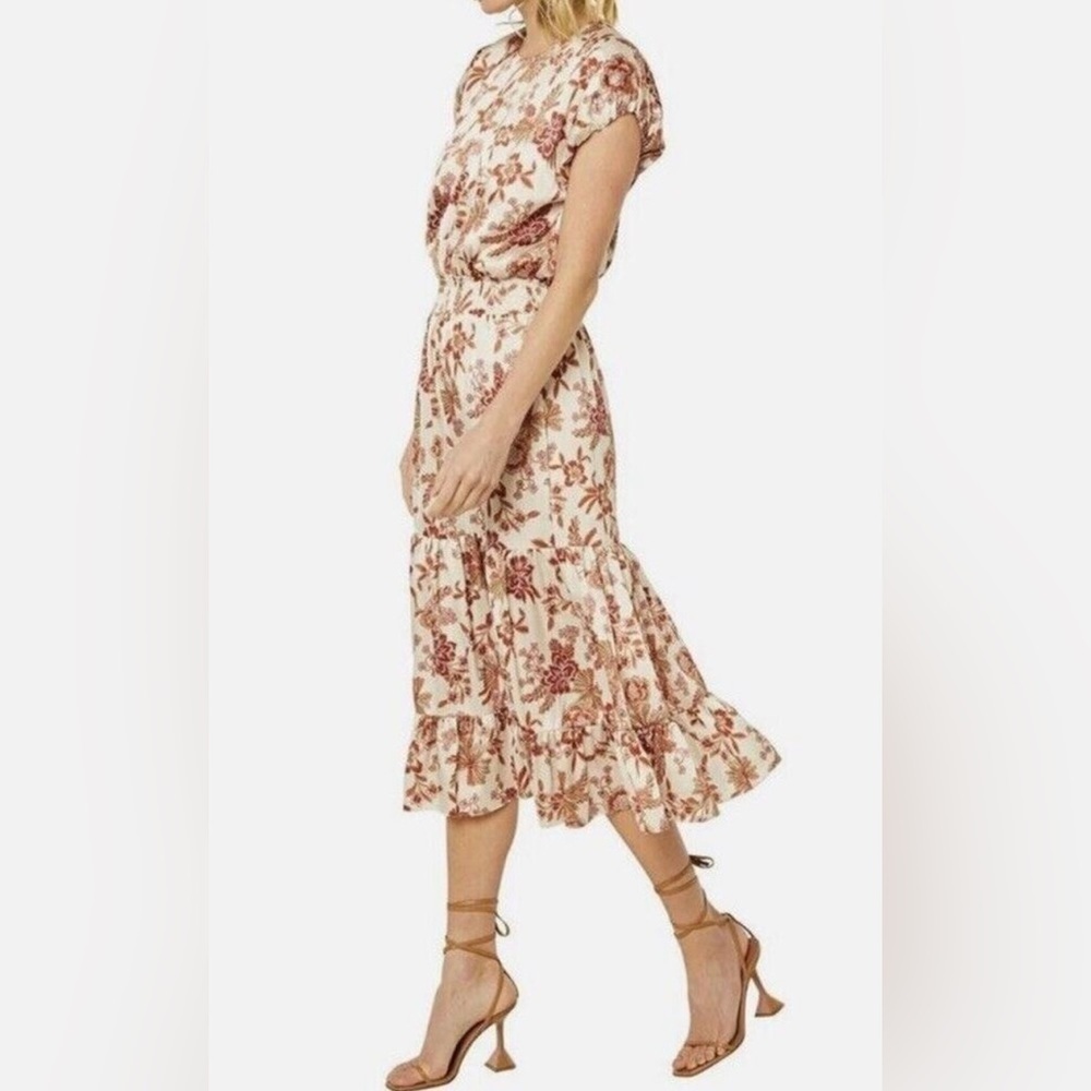 NEW MISA Los Angeles Paulina Puff Short Sleeve Midi Dress Beige & Brown Sz XS